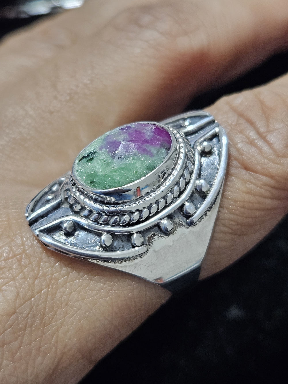 925S Faceted Ruby Zoisite Shield Ring